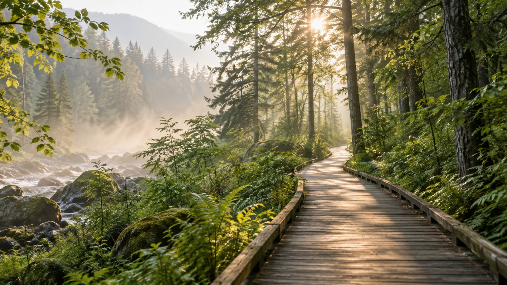 A boardwalk path through woodland in morning light