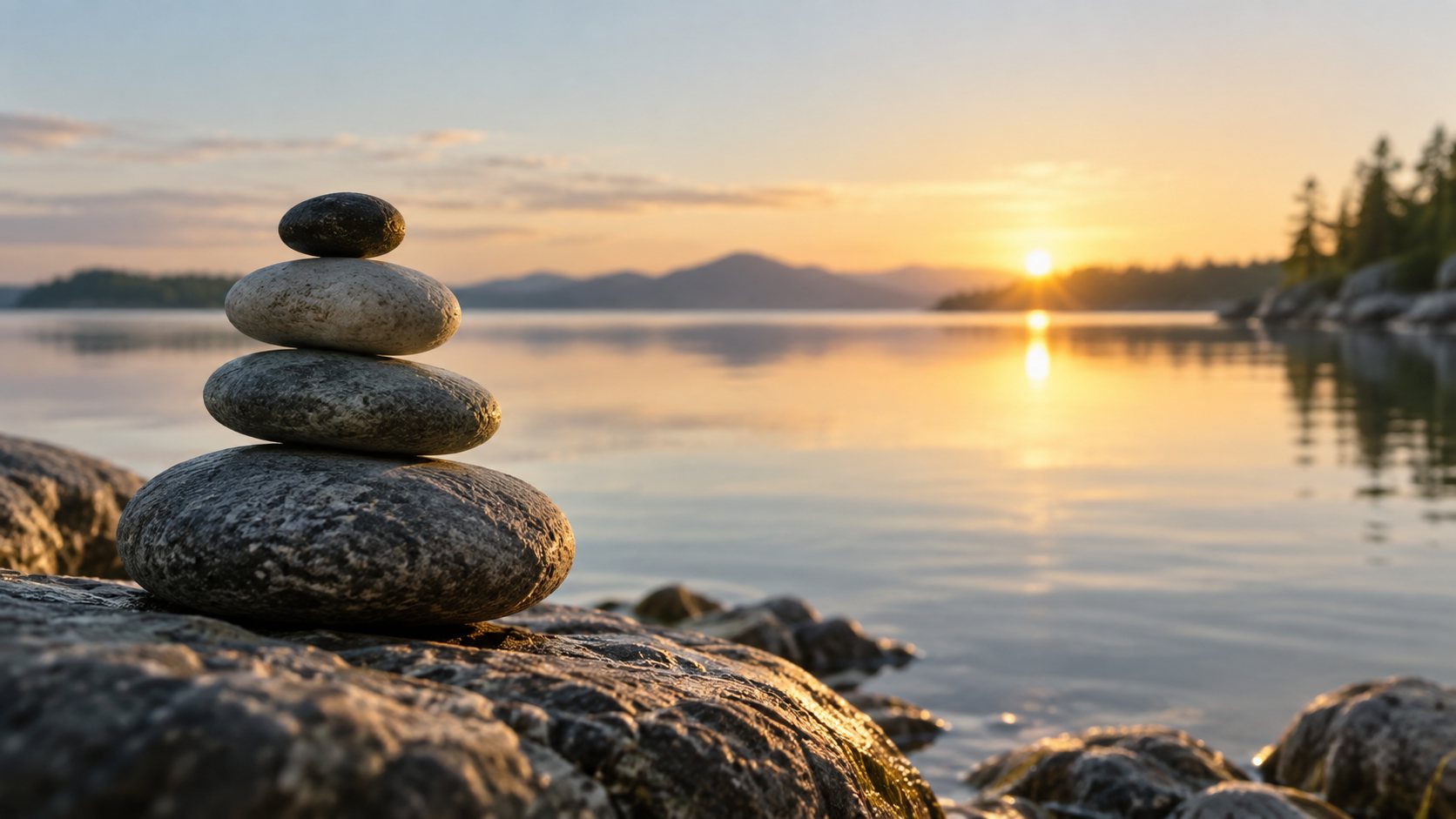 Balanced stones on a rock at sunset
